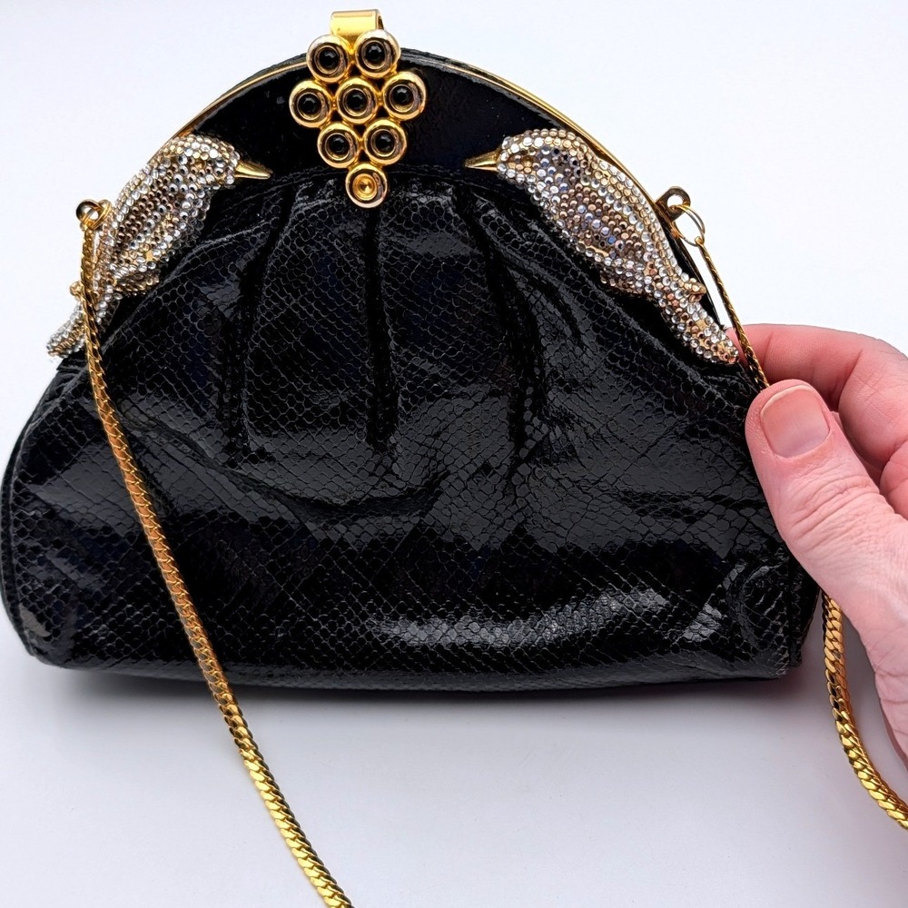 Sharif Vintage Black Snakeskin Embossed Leather Evening Bag Bird Crystal Clasp